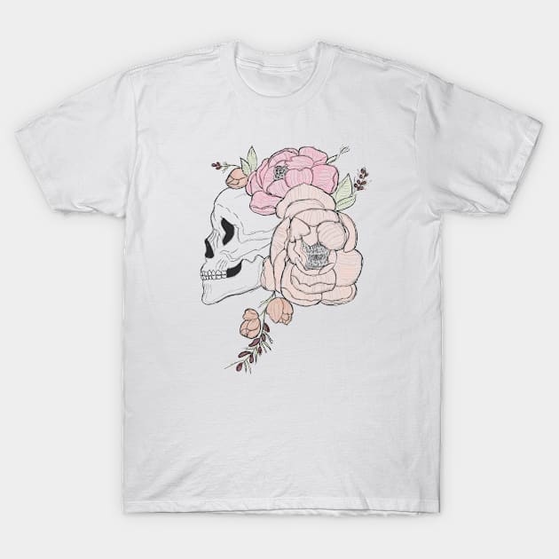 Skull in floral headband T-Shirt by Carriefamous